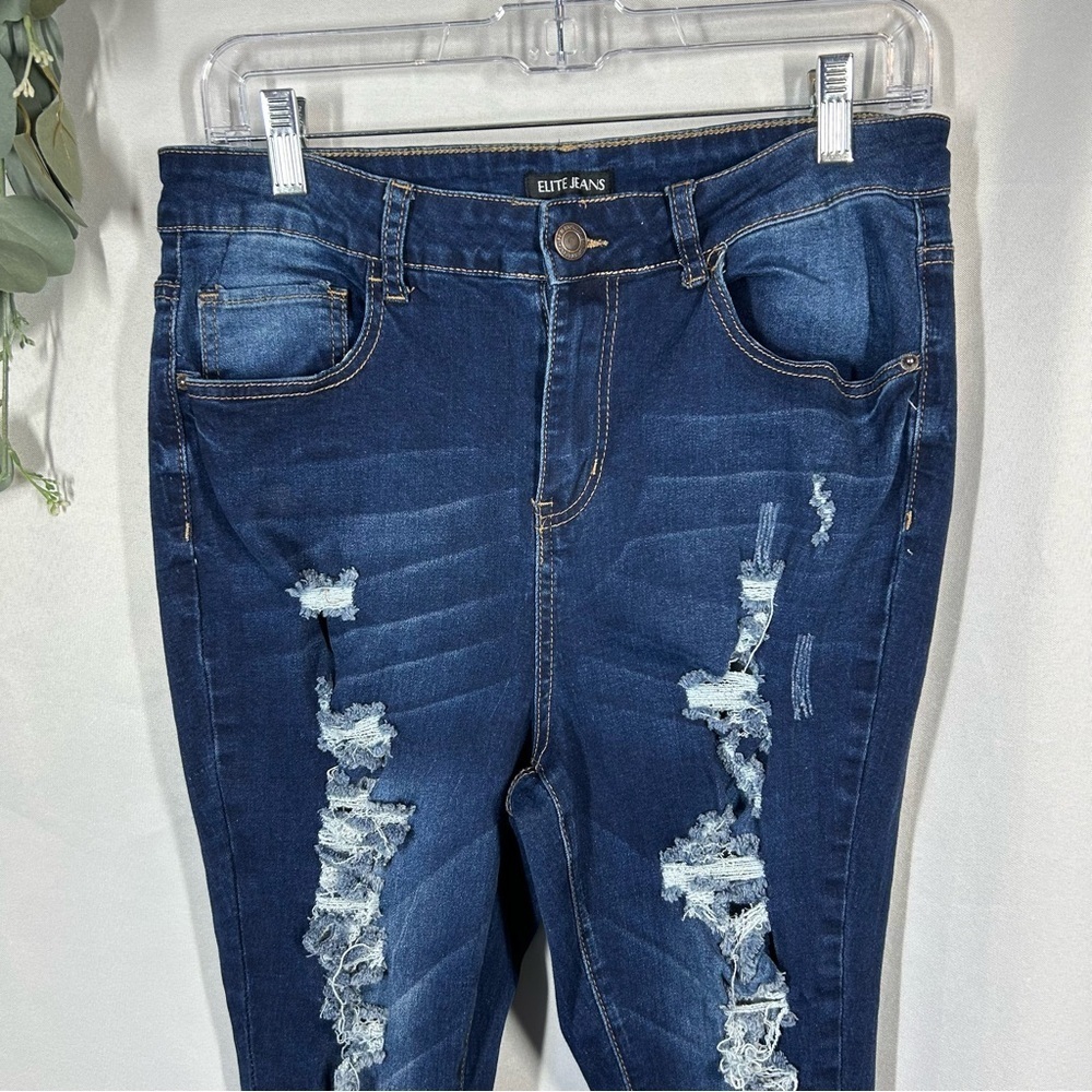 Elite Jeans | High Rise Distressed Skinny Dark Wash Ripped Juniors Size 13/14 - Picture 3 of 13